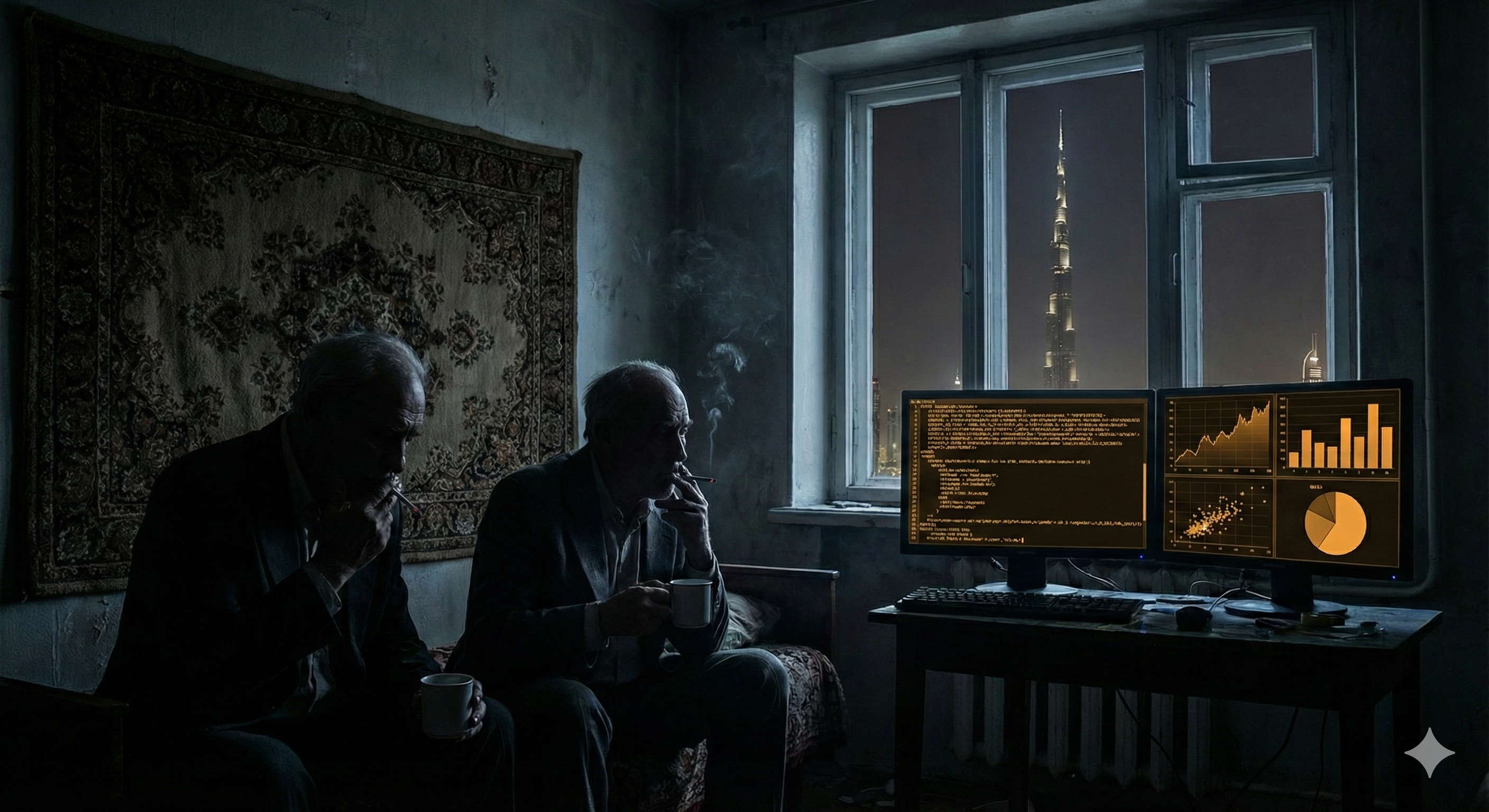 Two older coders in a dim room at night, watching trading charts and code on monitors.